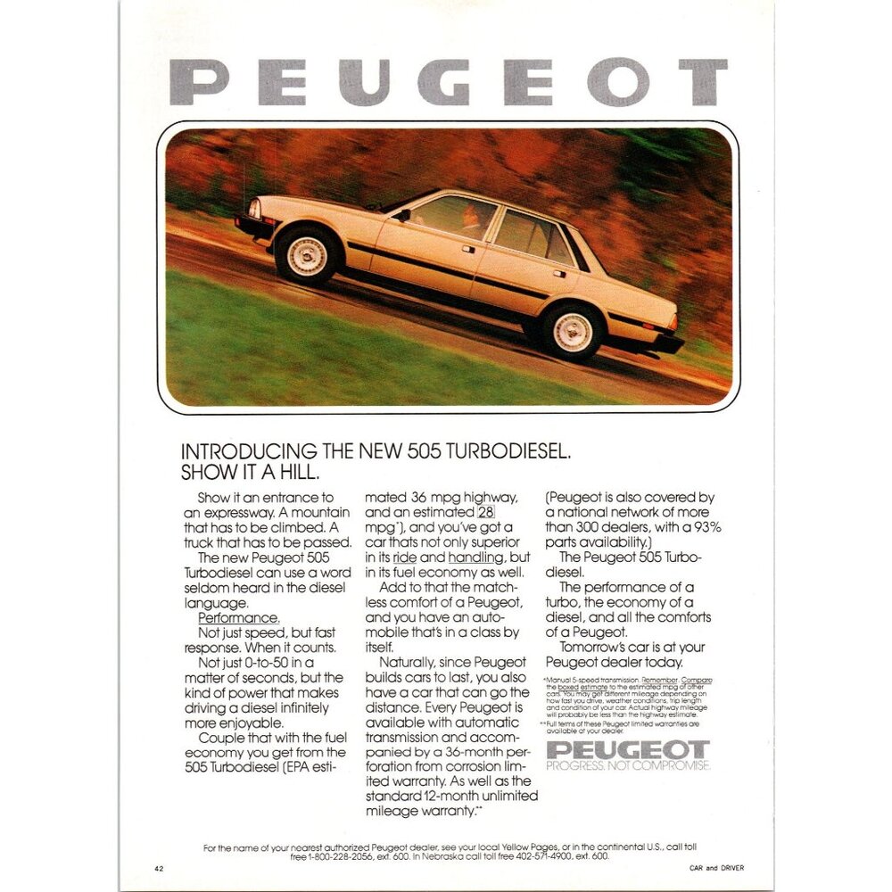 1981 Peugeot 505 Turbodiesel Sedan Vintage Print Ad 80s Import Car Wall Art